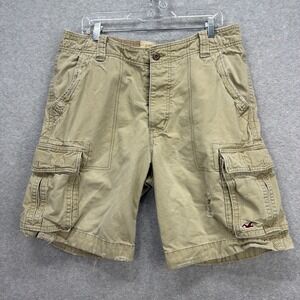 Hollister Cargo Shorts Mens 34 Tan Y2K Distressed Button Fly Paratrooper Preppy
